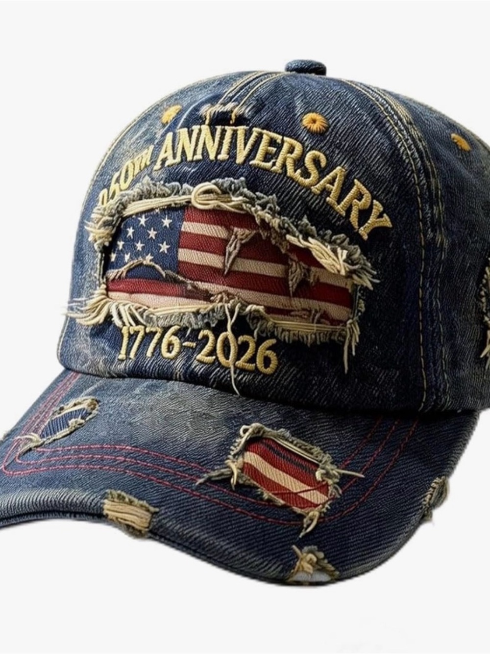 USA 250th Anniversary 1776-2026 Distressed Denim Baseball Cap Mens Blue Hat - Picture 3 of 9
